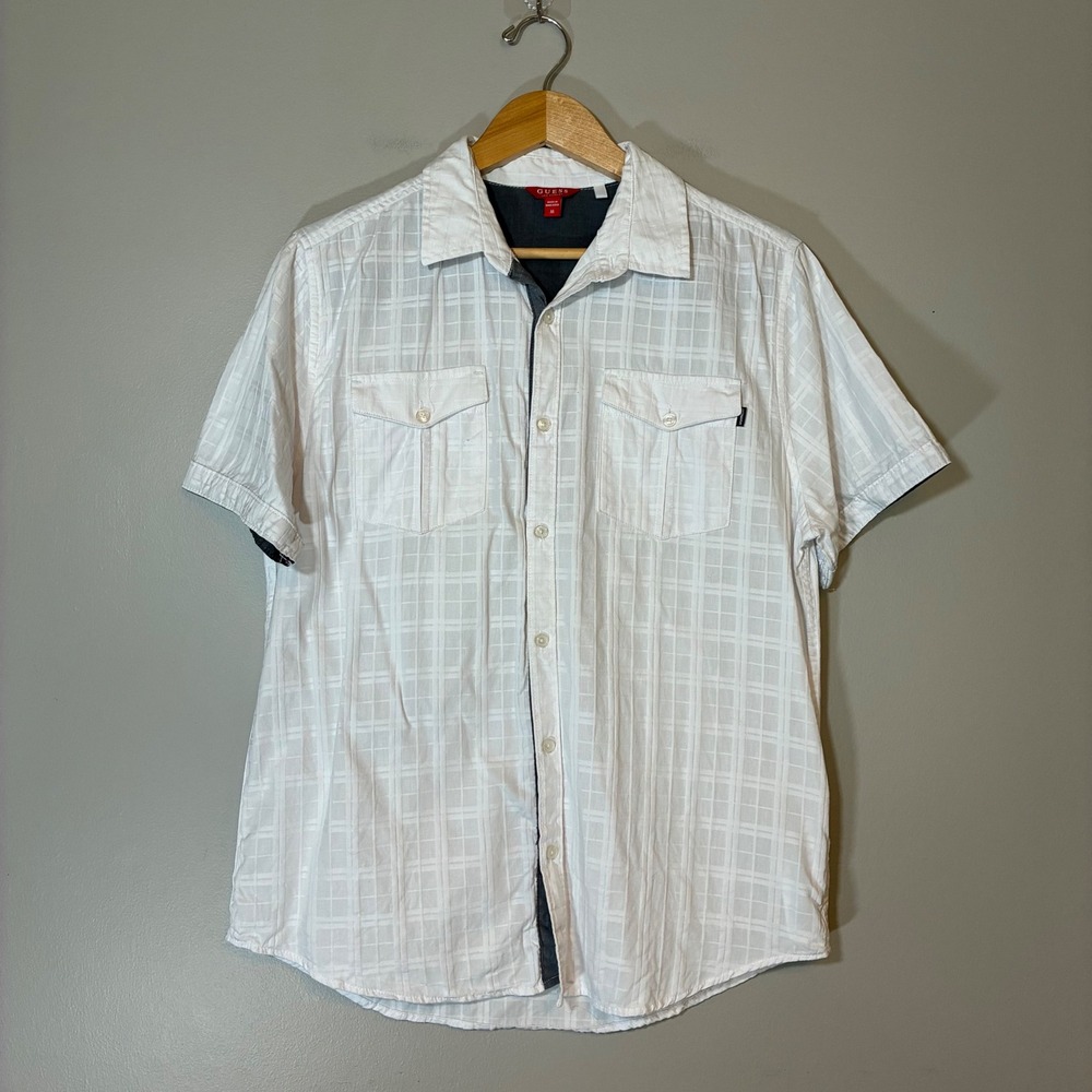 Guess Los Angeles Mens White Tonal Grid Short Sleeve Button Up Shirt Size M